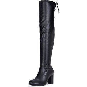 Women's Black Pu Suede Chunky Heels Zipper Over The Knee High Adjustable Boots